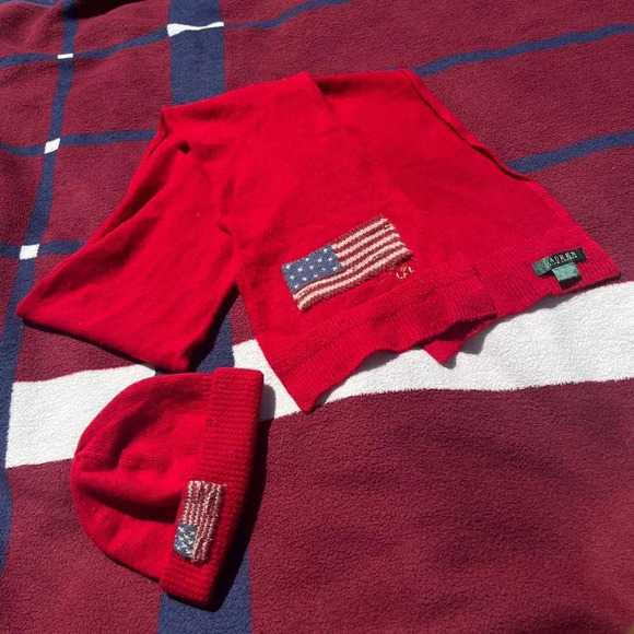 Lauren Ralph Lauren American Flag red scarf beanie cap skully set - Picture 1 of 6